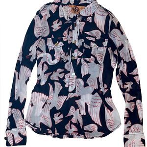 Tory Burch Navy Blue Pink White Bird Patterned Blouse size 6 semi sheer